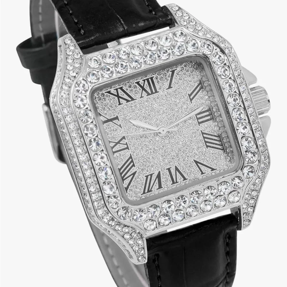 Bust Down Iced Out Hip Hop Watch Black Silicone Strap VVS Diamond Shine Bling